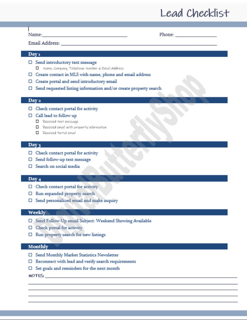 Real Estate Lead Checklist digital Download Etsy