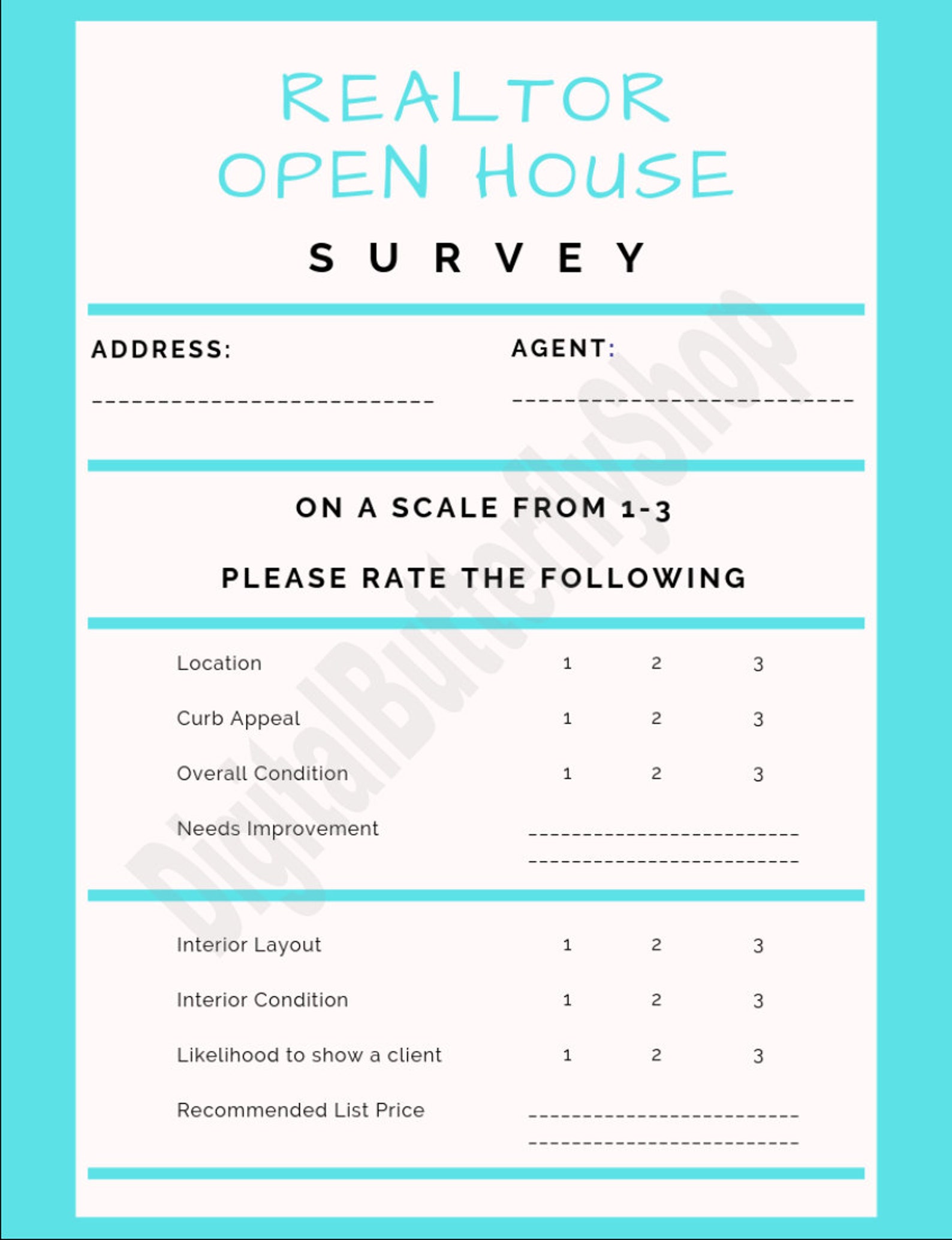 Real Estate Realtor Open House Survey Digital Download Teal Orange Etsy