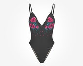 One peace swimsuit with amazing flower pattern and open back. high cut swimsuit - gift for woman