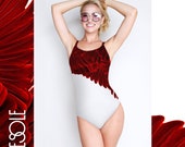 One peace swimsuit with amazing white red pattern birds feathers and open back