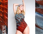 One peace swimsuit with amazing red gray pattern birds feathers and open back