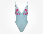 One peace light blue swimsuit with amazing flower pattern and open back. high cut swimsuit - gift for woman