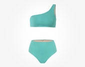 One shoulder pole dance set top and bottom turquoise color, high waist bottom swimwear for woman, two pieces pole dancing set tiffany color
