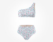 One shoulder pole dance set top and bottom white pink turquoise color, high waist bottom swimwear for woman, two pieces pole dancing wear