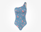 One shoulder swimsuit with pattern, woman bathing suit blue color one piece, gift for woman