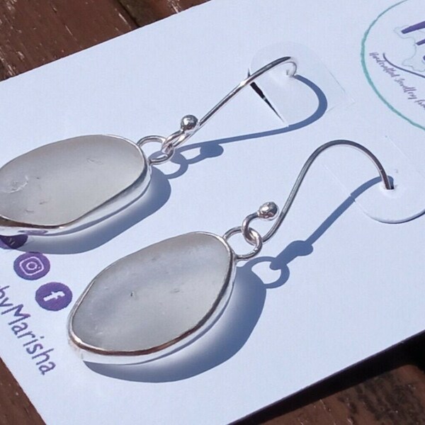 Seaglass Earrings, Sterling Silver, White, Handmade Jewellery Gift, Cornwall, Upcycled, Ecojewelry