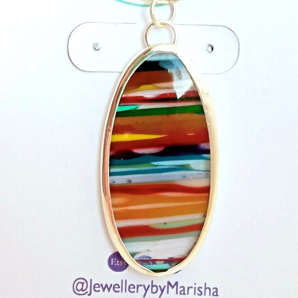 Surfite Necklace, Sterling Silver, Handmade Jewellery Gift, Oval, Multicolour, Pendant, Gift Box, Upcycle, Recycle, Ecojewelry