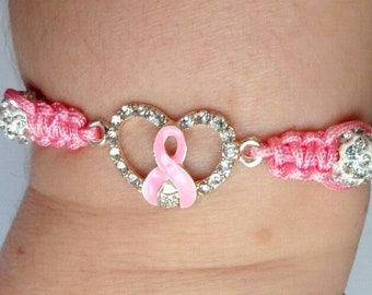 Breast Cancer Awareness Bracelet, Pink Ribbon, Adjustable, Handmade, Macrame,Heart, Crystals, Shamballa