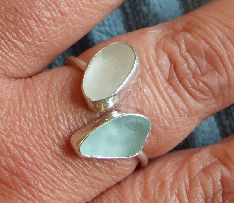 100/% Recycled Ecosilver Sterling Silver Handmade White /& Aqua Cornish Sea Glass Adjustable Ring in Gift Box