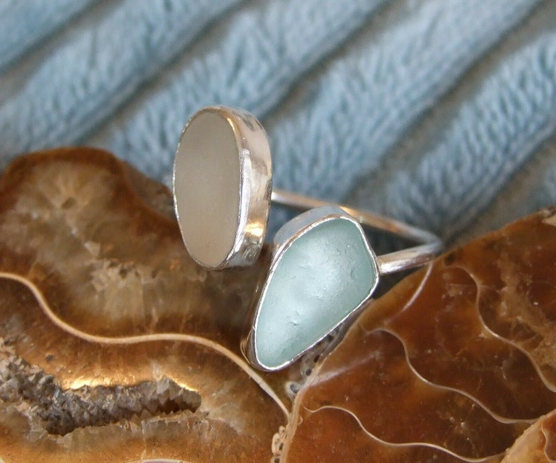 100/% Recycled Ecosilver Sterling Silver Handmade White /& Aqua Cornish Sea Glass Adjustable Ring in Gift Box