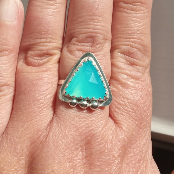 Paraiba Chalcedony Ring, Sterling Silver, Adjustable, Handmade Jewellery Gift, Tropical Blue, Rose Cut, Triangle Gemstone, Gift Box