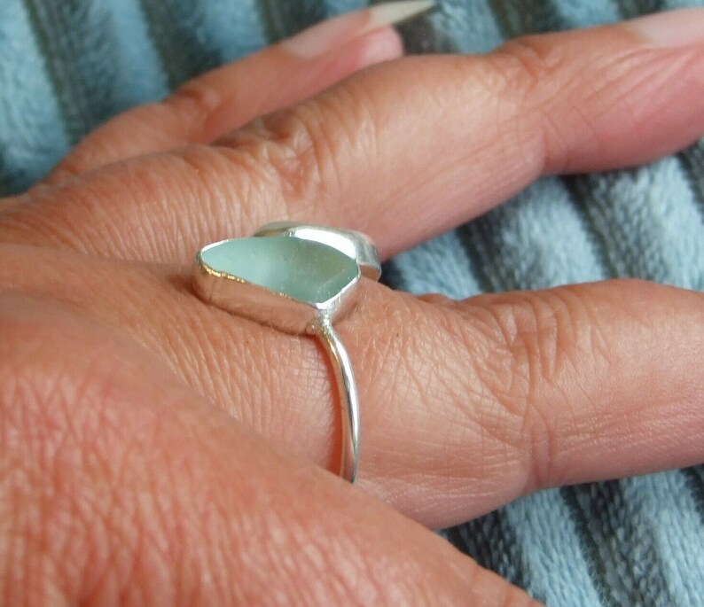 100/% Recycled Ecosilver Sterling Silver Handmade White /& Aqua Cornish Sea Glass Adjustable Ring in Gift Box