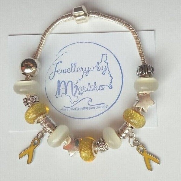 Cancer Awareness Bracelet, Yellow & White, European Charm Beads, Ribbon Charms, Jewellery Gift, Glitter, Cats Eye