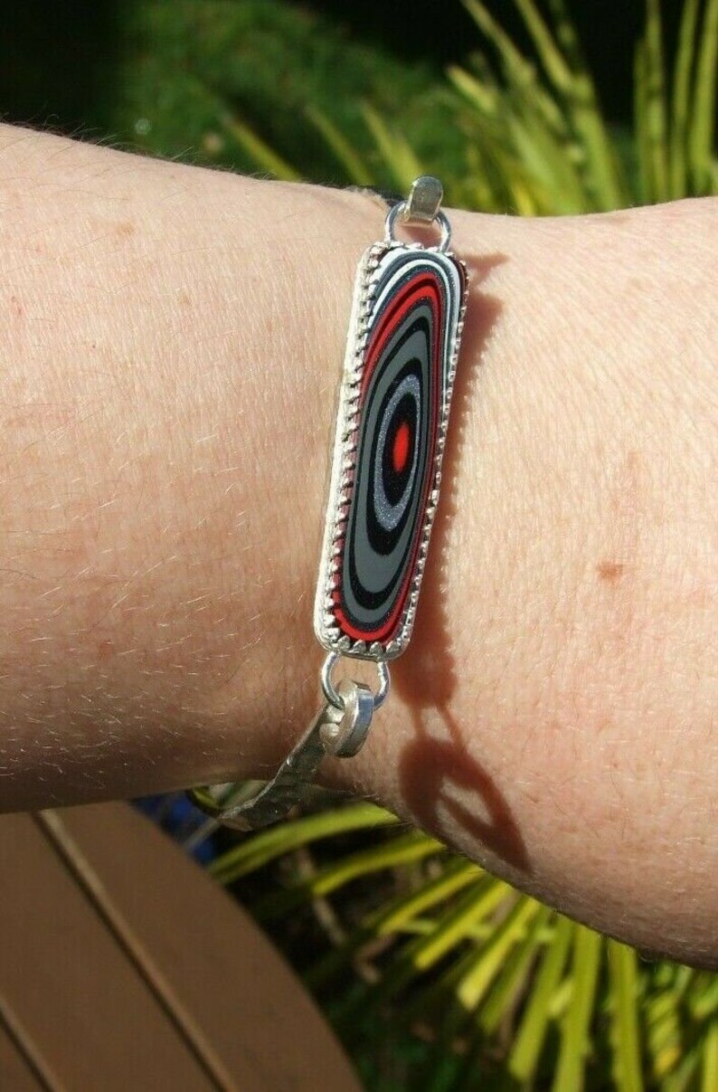 Fordite Detroit Agate Multicoloured Statement Hammered Cuff Bangle Bracelet in Sterling Silver 925
