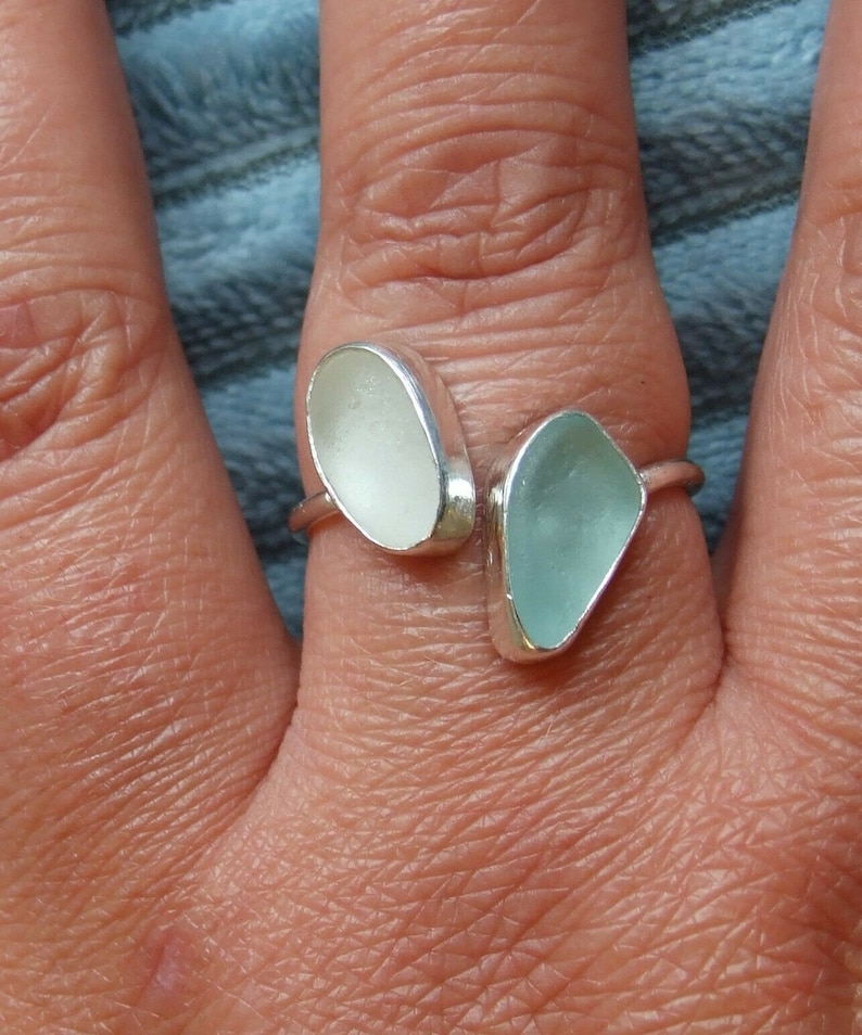 100/% Recycled Ecosilver Sterling Silver Handmade White /& Aqua Cornish Sea Glass Adjustable Ring in Gift Box