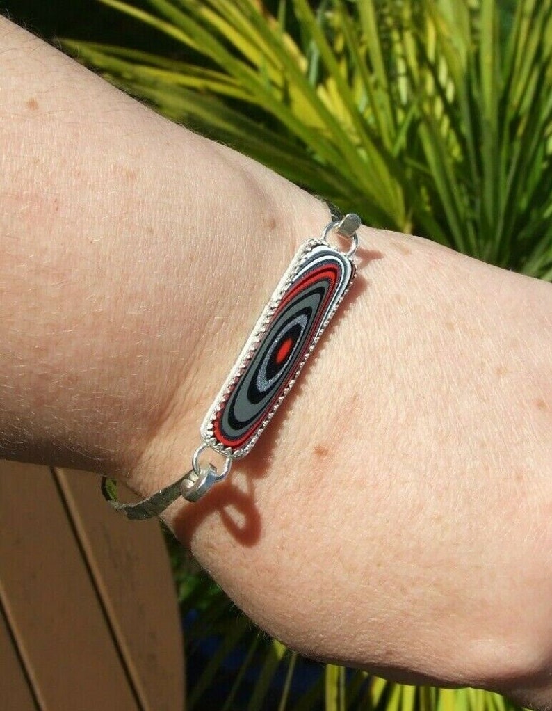 Fordite Detroit Agate Multicoloured Statement Hammered Cuff Bangle Bracelet in Sterling Silver 925