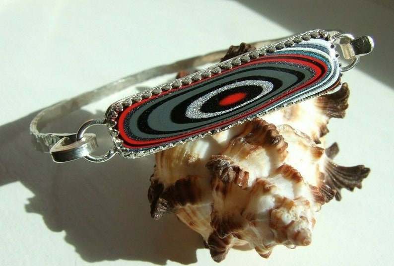 Fordite Detroit Agate Multicoloured Statement Hammered Cuff Bangle Bracelet in Sterling Silver 925