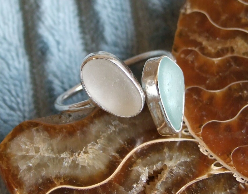 100/% Recycled Ecosilver Sterling Silver Handmade White /& Aqua Cornish Sea Glass Adjustable Ring in Gift Box