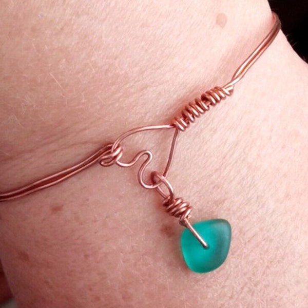 Rame, Bracciale, Vetro marino, Regalo di gioielli, Cuore, Filo avvolto, Verde acqua, Fascino, Reiki, Guarigione, Taglia unica