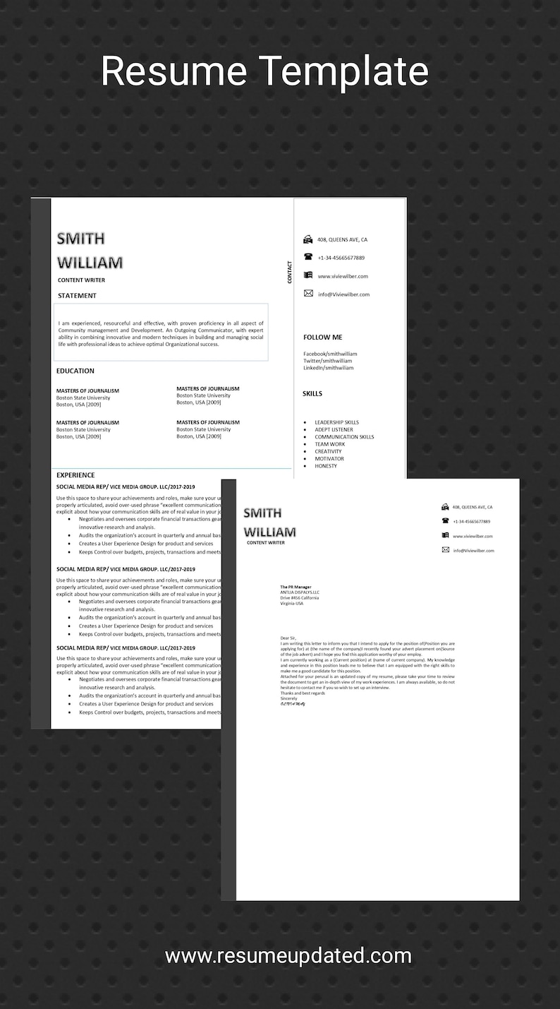 ATS Compliant CV template 2 page resume+cover letter and references smart resume files Resume Template Word Resume Professional Resume