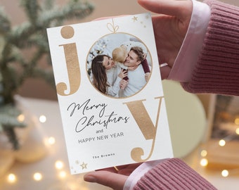 Photo Christmas Card Template, Boho Holiday Card, Printable Personalized Holiday Greeting, Modern, Merry Christmas, Minimalist, Editable
