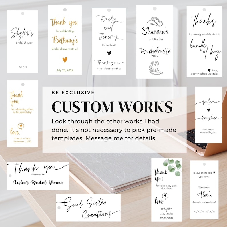 May include: A collection of printable gift tags with various designs and text. The tags feature a variety of themes, including bridal showers, bachelorette parties, and birthdays. The text on the tags includes names, dates, and messages of thanks.