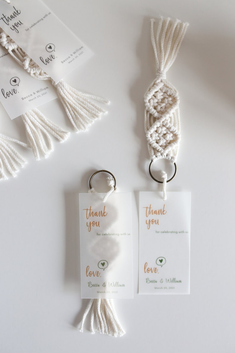 Wholesale Macrame Keychains / Macrame Bachelorette Gifts / Macramé Keyring Boho Baby Shower Gifts / Vellum Favor tags image 2