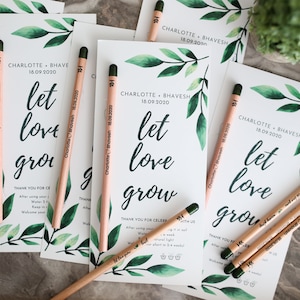 Faveurs de fête de graines de douche nuptiale, faveurs personnalisées, laissez l’amour grandir, cartes de remerciement