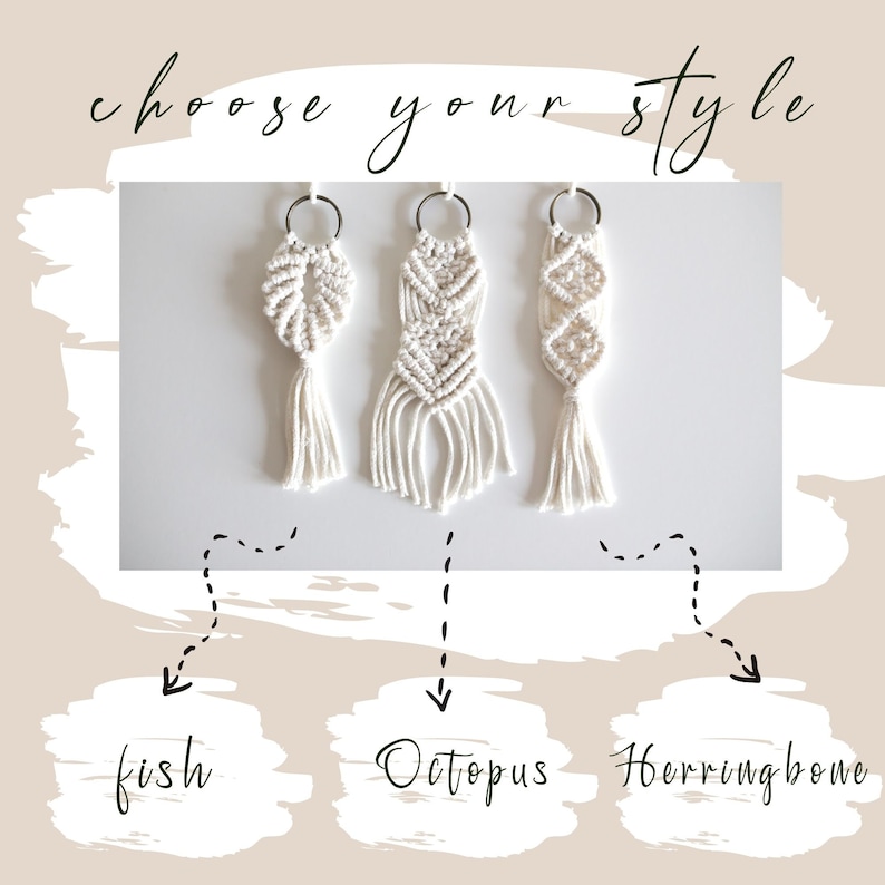 May include: Three white macrame keychains with different patterns: fish, octopus, and herringbone. The keychains are hanging from silver rings.