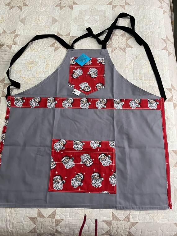 Christmas apron, cotton drill apron with Santa Christmas trim and pockets, handmade Christmas apron with adjustable neck strap, unisex apron