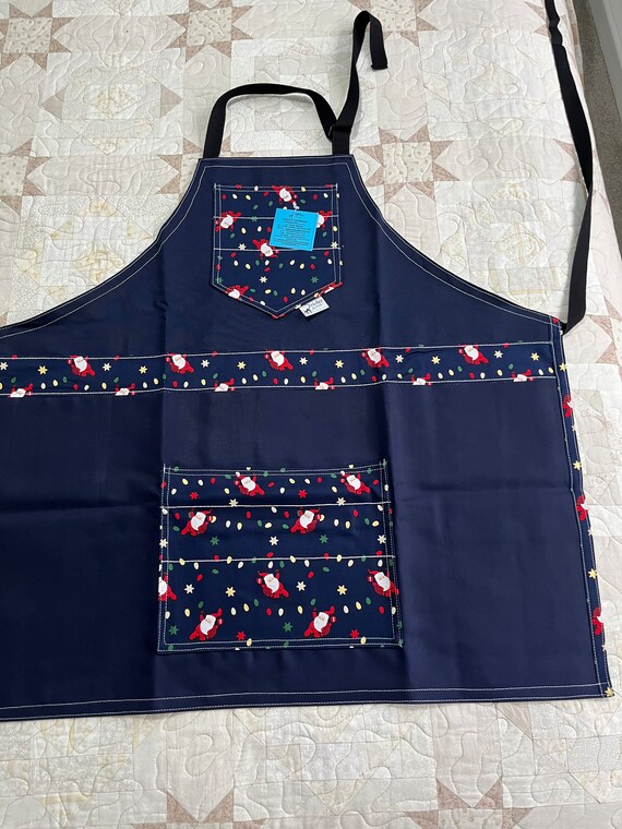 Christmas apron, cotton drill apron with Santa Christmas trim and pockets, handmade Christmas apron with adjustable neck strap, unisex apron