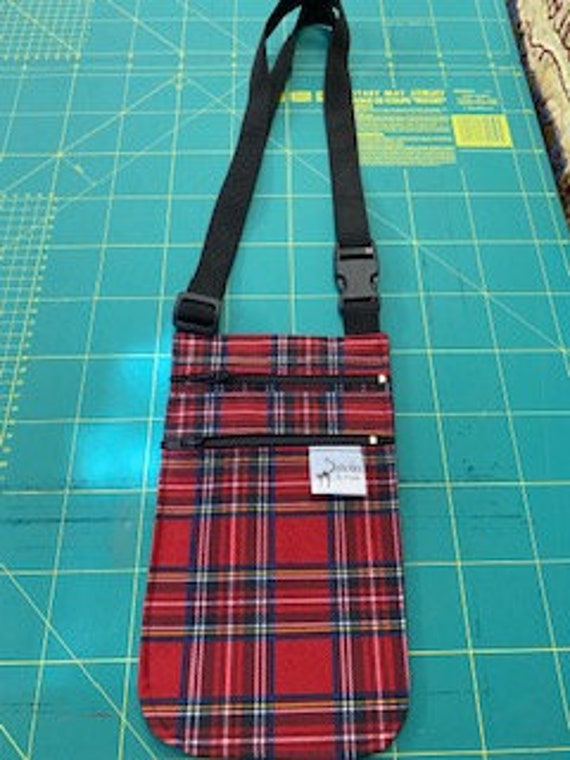 Crossbody bag red check, dog walking bag, double zip crossbody bag, adjustable crossbody bag, waterproof crossbody bag, small shoulder bag