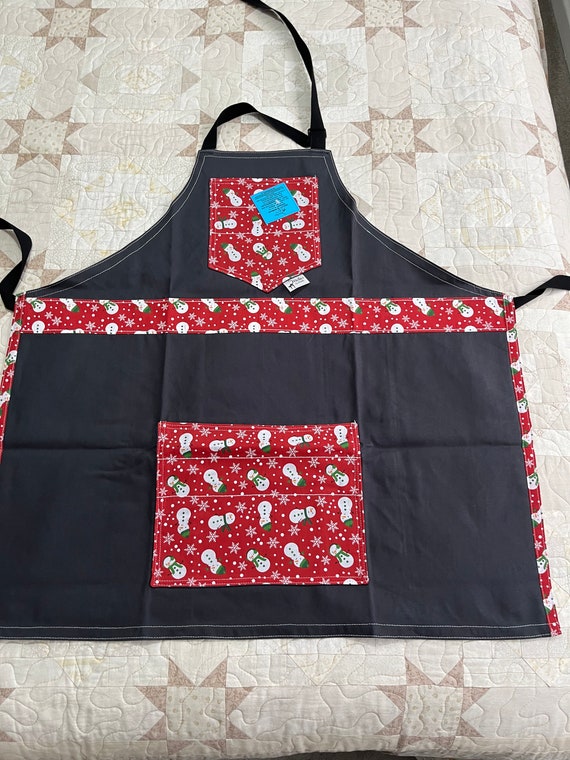 Christmas apron, cotton drill apron with snowman Christmas trim/pockets, handmade Christmas apron with adjustable neck strap, unisex apron