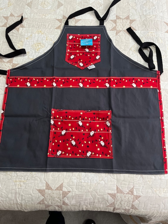Christmas apron, cotton drill apron with Santa Christmas trim and pockets, handmade Christmas apron with adjustable neck strap, unisex apron