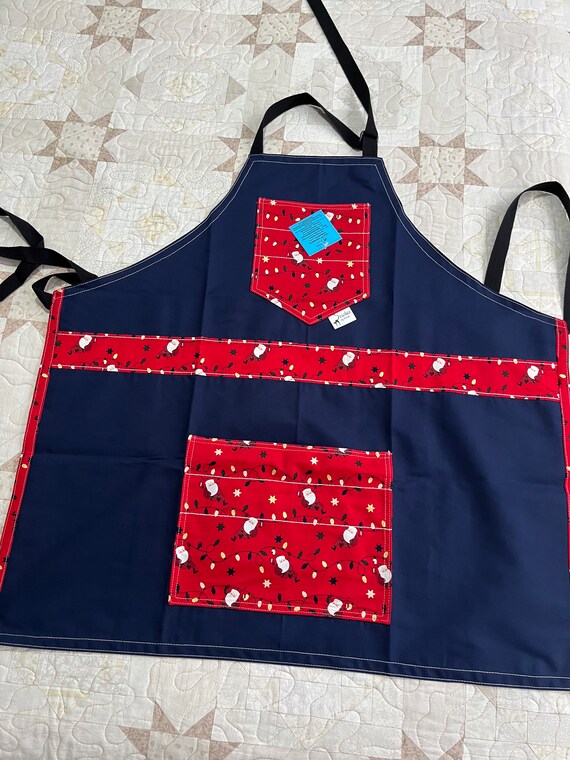 Christmas apron, cotton drill apron with Santa Christmas trim and pockets, handmade Christmas apron with adjustable neck strap, unisex apron