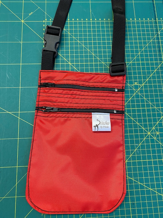 Crossbody bag red lightweight waterproof , dog walking bag, double zip crossbody bag, adjustable crossbody bag, small shoulder bag