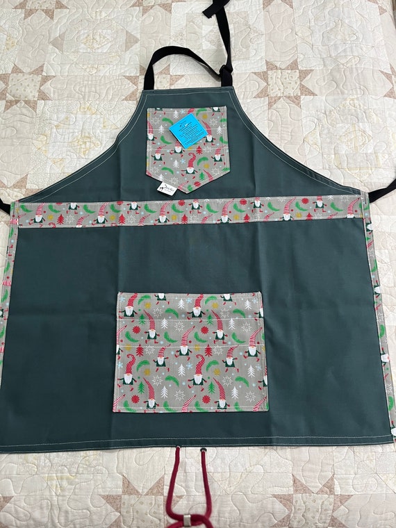 Christmas apron, cotton drill apron with Christmas elf trim and pockets, handmade Christmas apron with adjustable neck strap, unisex apron