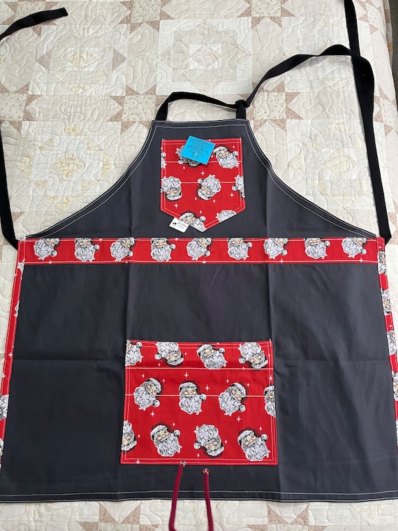 Christmas apron, cotton drill apron with Santa Christmas trim and pockets, handmade Christmas apron with adjustable neck strap, unisex apron