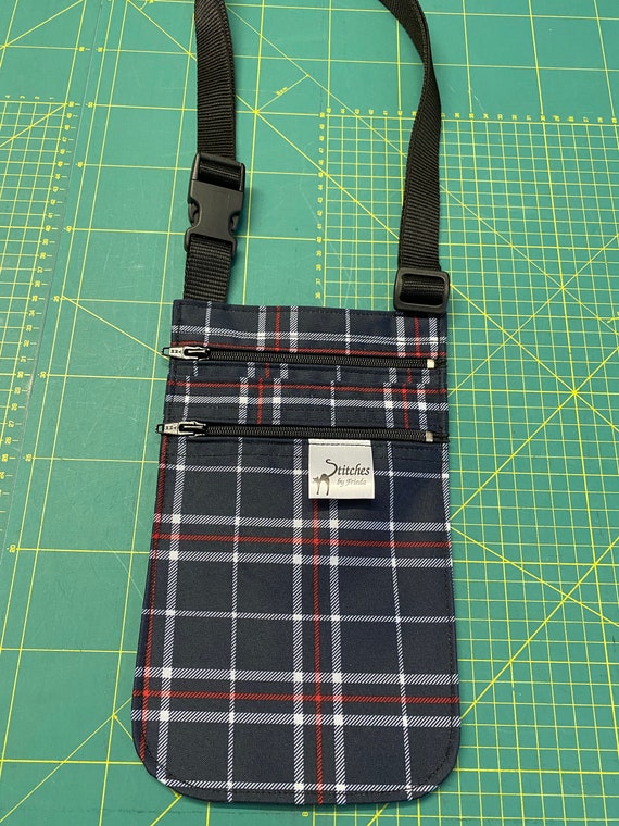 Crossbody bag blue tartan waterproof, dog walking bag, double zip crossbody bag, adjustable crossbody bag, small shoulder bag
