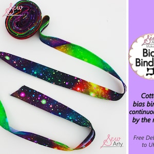 Cotton Bias Tape for Quilting, By the metre, Rainbow Galaxy Space, Bias Binding Continuous Strip 2.5cm (1")