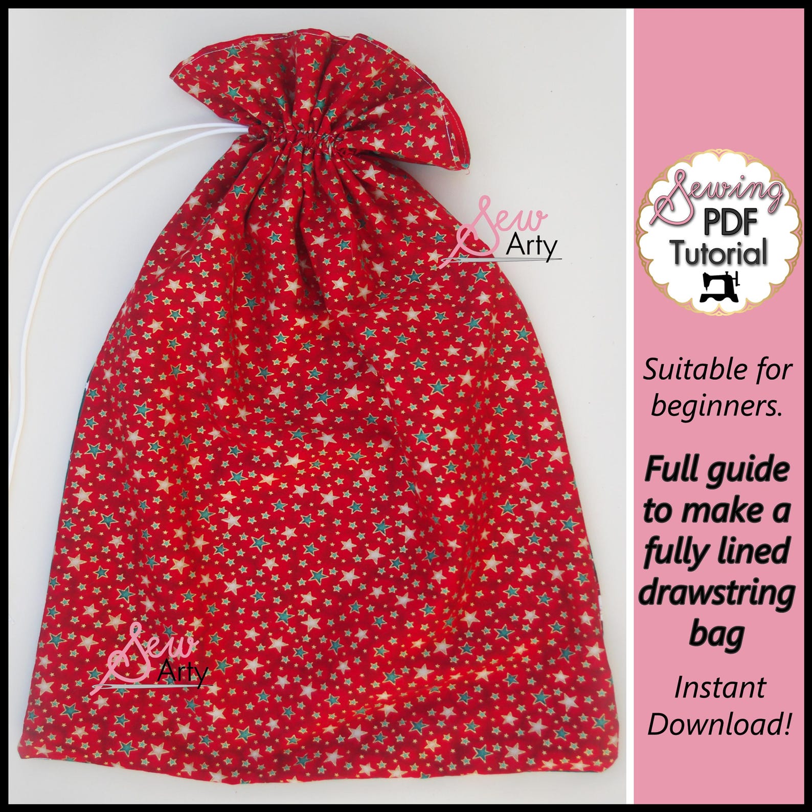 Lined Drawstring Bag Sewing Pattern: Beginner Tutorial (PDF Download ...