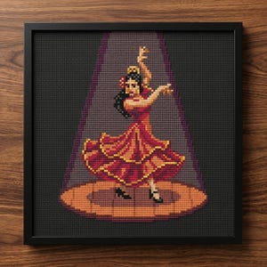 Bailarina de flamenco en el centro de atención, patrón de punto de cruz contado - Descarga digital en PDF