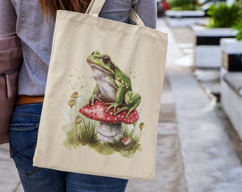 Frog on a toadstool tote bag - cute watercolor fairy tale art