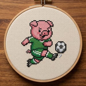 Puede incluir: Bordado de punto de cruz de un cerdo rosa con uniforme de fútbol verde pateando un balón de fútbol. El diseño está en un bastidor de bordado de madera. El cerdo está en movimiento, con la pierna extendida.