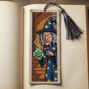 May include: A rectangular cross-stitch bookmark featuring a wizard in a blue robe and hat with yellow stars, holding a glowing green potion in a cauldron. The bookmark has a beige border and a multi-colored tassel attached to the top with a metal bead.