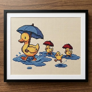 Yellow ducks in the rain with umbrellas - counted cross stitch pattern PDF digital file