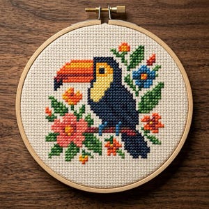 May include: A cross-stitch embroidery hoop showing a toucan bird on a branch with flowers. The toucan has a large orange and yellow beak, with a blue and yellow body. The flowers are pink, orange, and blue, set against a cream-coloured background.