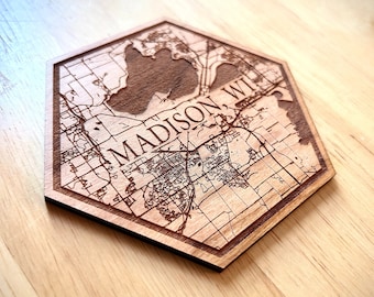 Madison WI Map 4 Coaster Set | Madison Wisconsin Coaster Gift | Laser Cut Wisconsin Coasters | Street Map Coasters | City Map Coasters