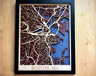 Lasergeschnittene Boston Karte | Boston Wanddeko | Einweihungsparty Boston Geschenk | Boston Jubiläum Geschenk | Individuelle 3D Karte auf Holz | Lasergravur