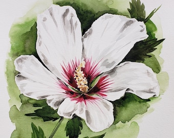 White Hibiscus Original Watercolor Painting, Floral Botanical Artwork, Flower Wall Art, One of a Kind